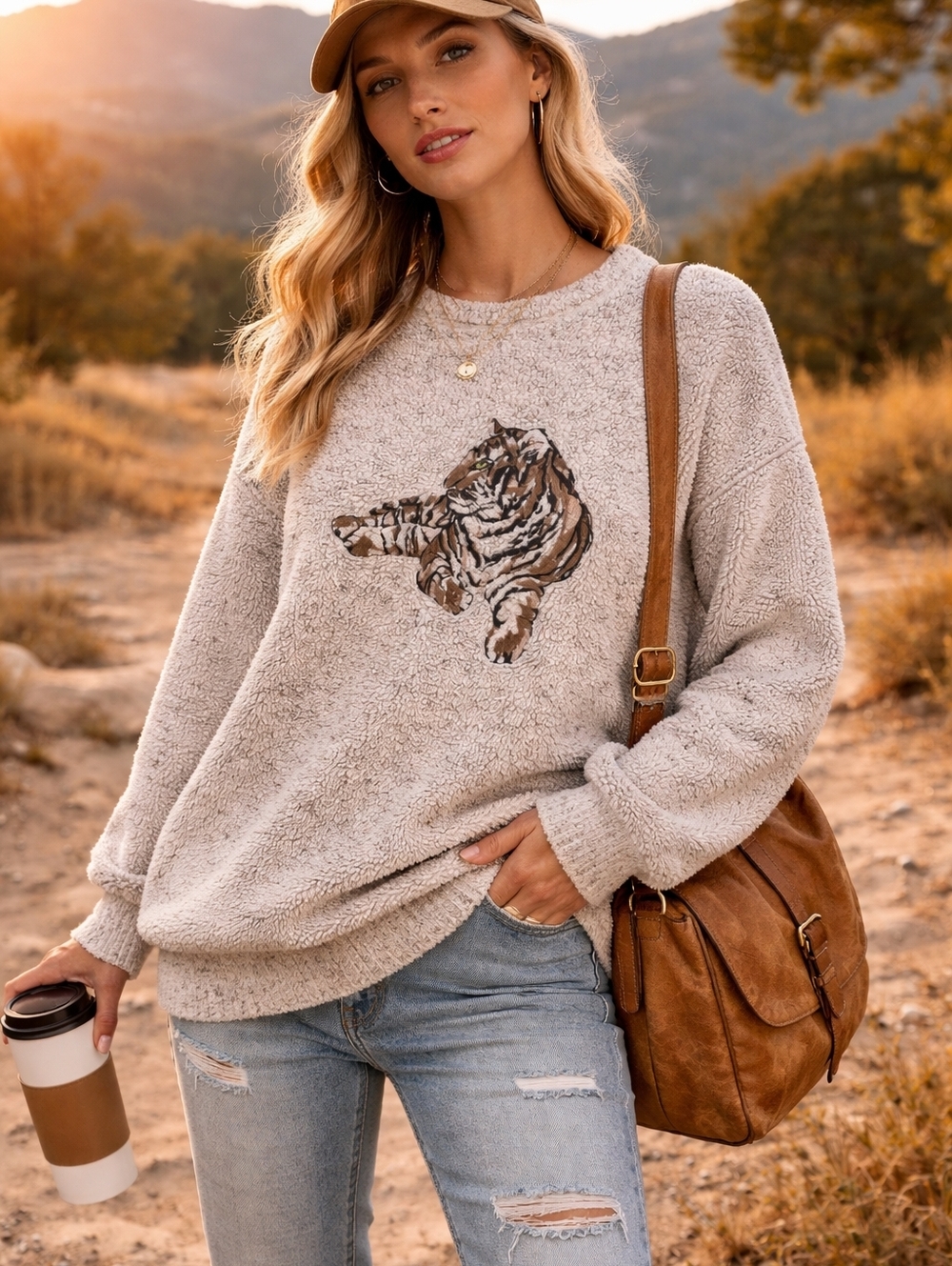 Vintage Fleece Crewneck With Embroidered Tiger